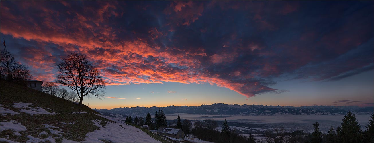 Glarner Alpen am frühen Morgen. Aussichtspunkt: Bachtel-Kulm